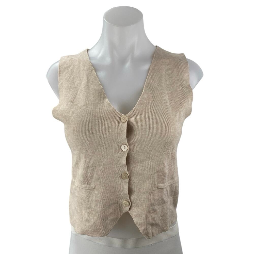 Pink Rose Beige Rib Knit Sleeveless Button Down Sweater Vest Crop Tank Top Sz S